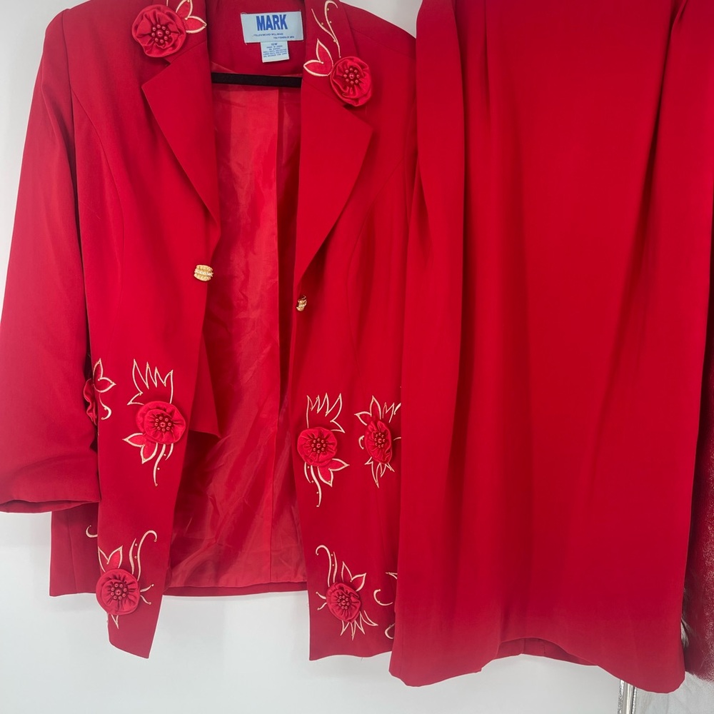 Mark Womens Red‎ 3D Floral Applique Skirt Suit Set Blazer Plus Size 16W Vintage